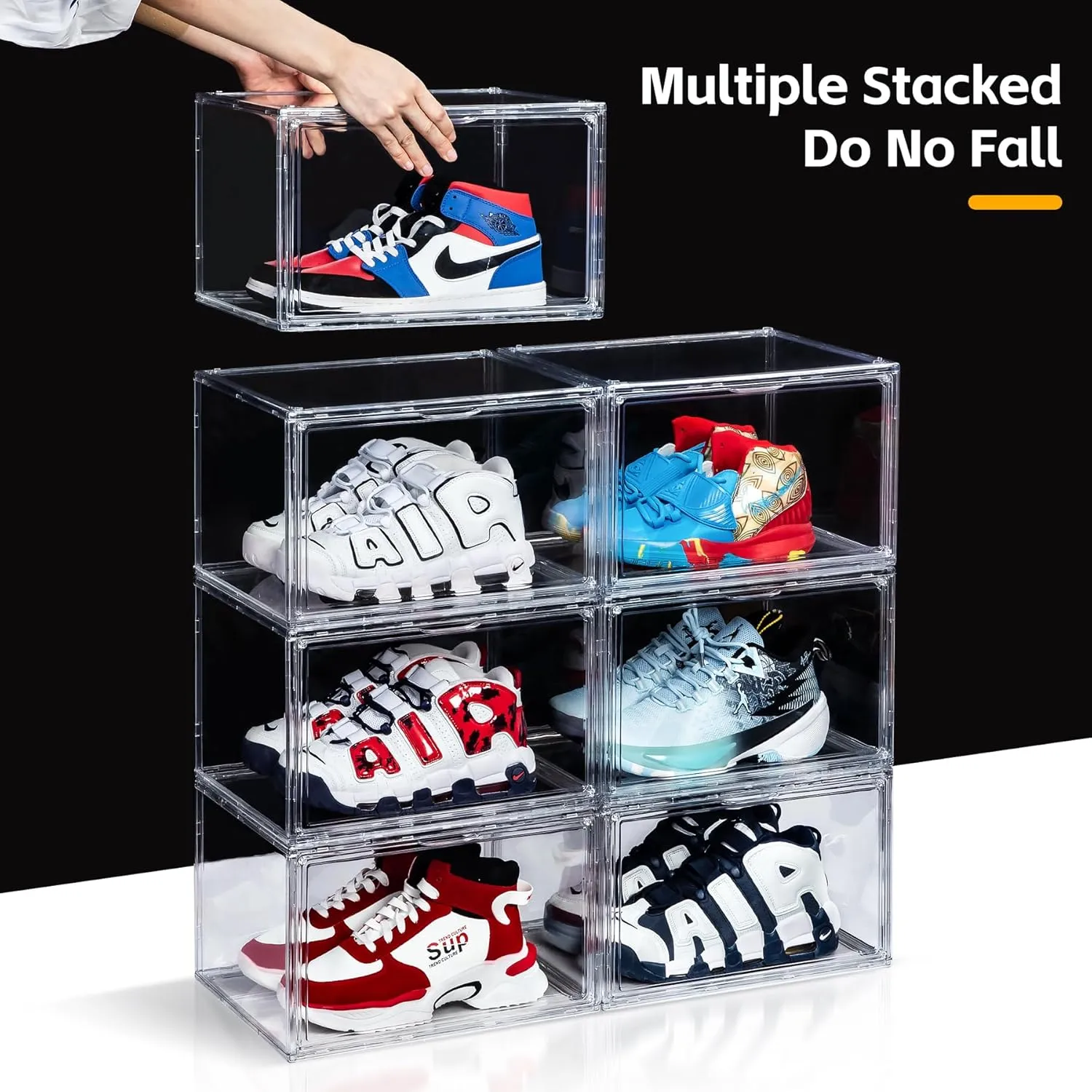 NYZE 3 Pack Clear Shoe Box Plastic Stackable, Shoe Storage Organizer with Magnetic Door, Side Open Sneakers Boxes, Shoe Containers Easy Assembly