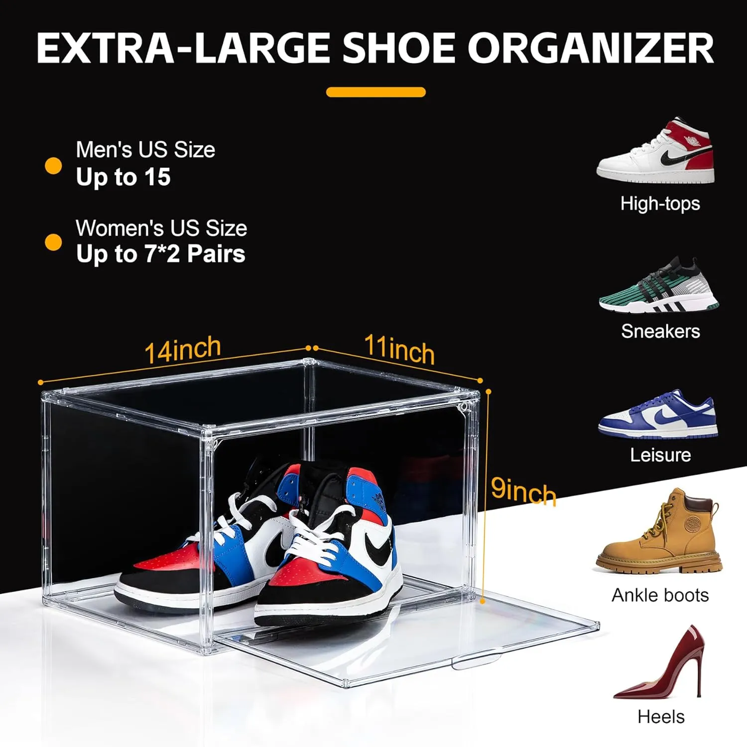 NYZE 3 Pack Clear Shoe Box Plastic Stackable, Shoe Storage Organizer with Magnetic Door, Side Open Sneakers Boxes, Shoe Containers Easy Assembly