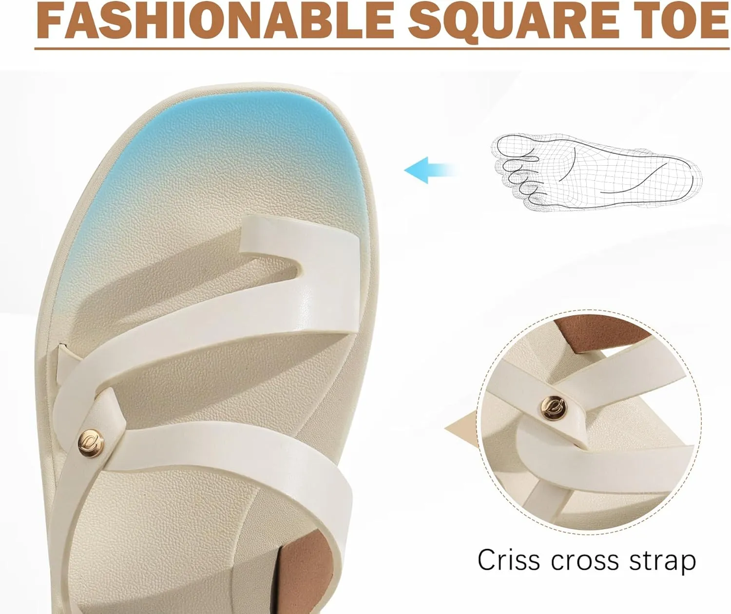 ONCAI Flat Sandals for Women Trendy Square Open Split-Toe Ring Summer Dressy Cross Strappy Slides Sandles with Slip-on Rubber Soles