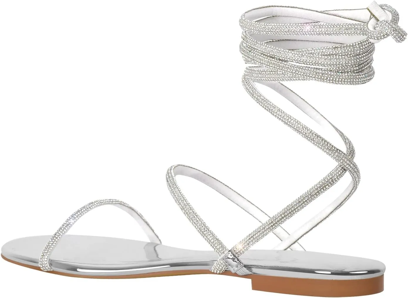 onlymaker Womens Lace up Rhinestone Flat Sandals Butterfly Ankle Wrap Tie up Round Toe Slide Summer Beach Sandals