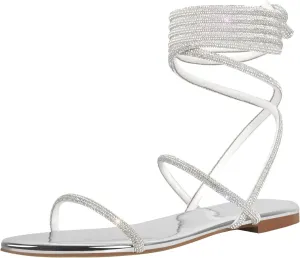onlymaker Womens Lace up Rhinestone Flat Sandals Butterfly Ankle Wrap Tie up Round Toe Slide Summer Beach Sandals