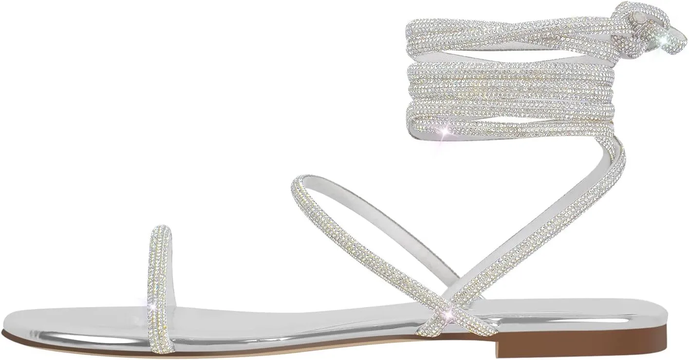 onlymaker Womens Lace up Rhinestone Flat Sandals Butterfly Ankle Wrap Tie up Round Toe Slide Summer Beach Sandals