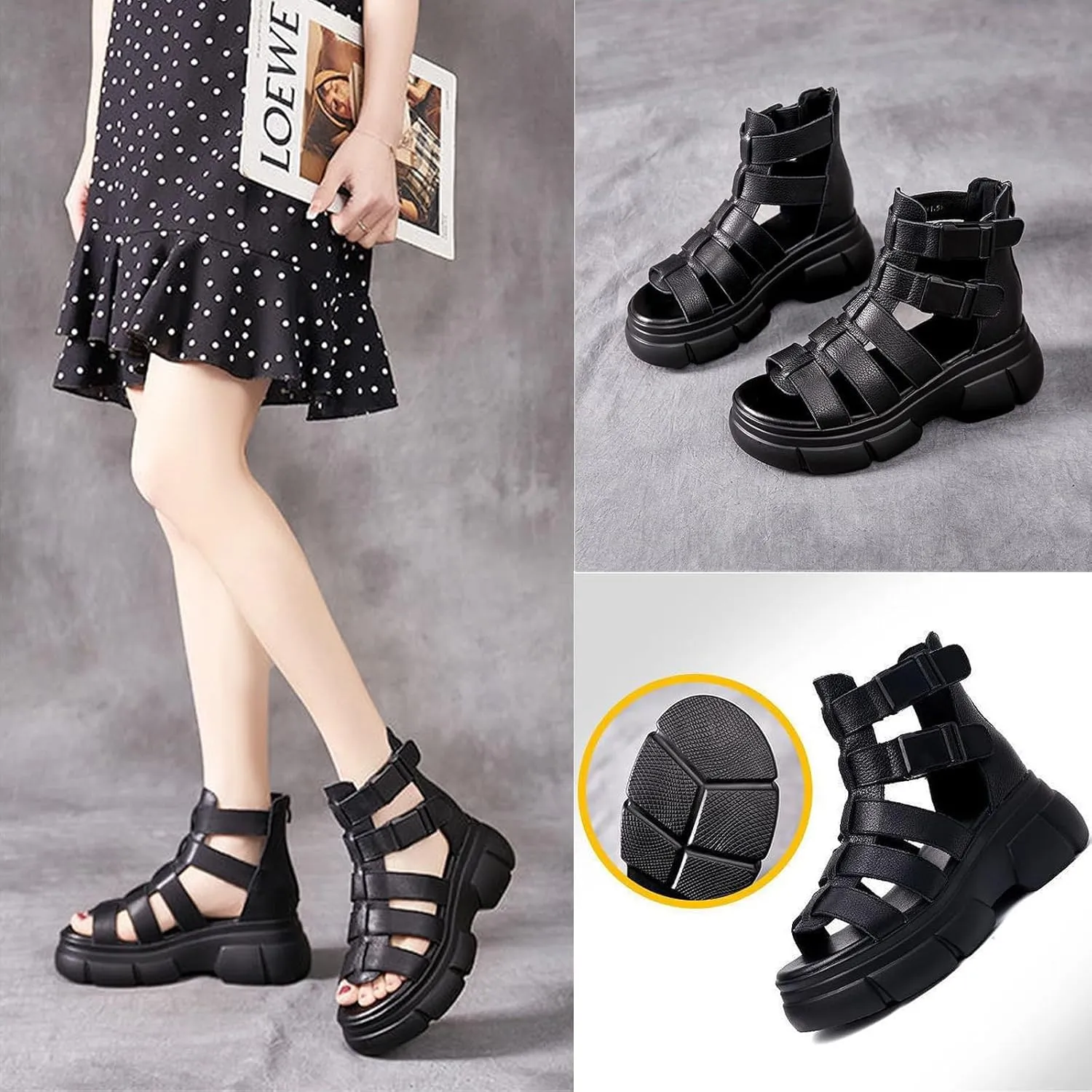 Optigard Women's Leather Platform Gladiator Sandals with Back Zipper, Open Toe Non-Slip High-Top Fisherman Sandals Comfortable Chunky Dress Party Roman Shoes