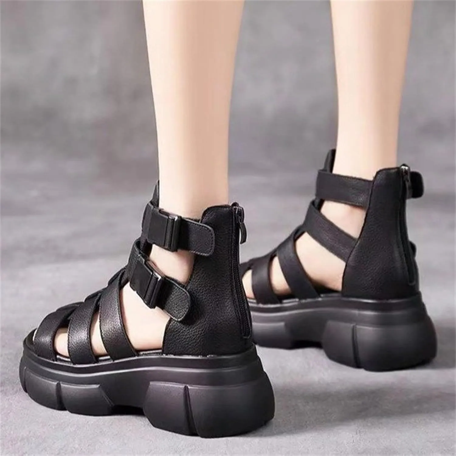 Optigard Women's Leather Platform Gladiator Sandals with Back Zipper, Open Toe Non-Slip High-Top Fisherman Sandals Comfortable Chunky Dress Party Roman Shoes