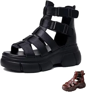 Optigard Women's Leather Platform Gladiator Sandals with Back Zipper, Open Toe Non-Slip High-Top Fisherman Sandals Comfortable Chunky Dress Party Roman Shoes