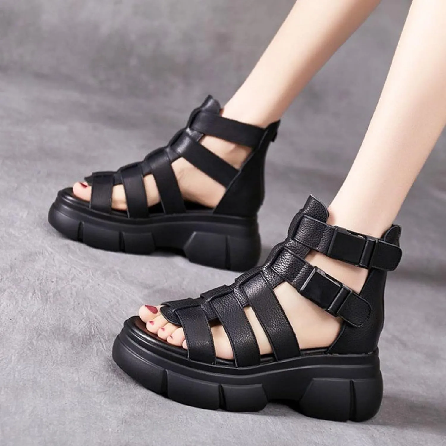 Optigard Women's Leather Platform Gladiator Sandals with Back Zipper, Open Toe Non-Slip High-Top Fisherman Sandals Comfortable Chunky Dress Party Roman Shoes