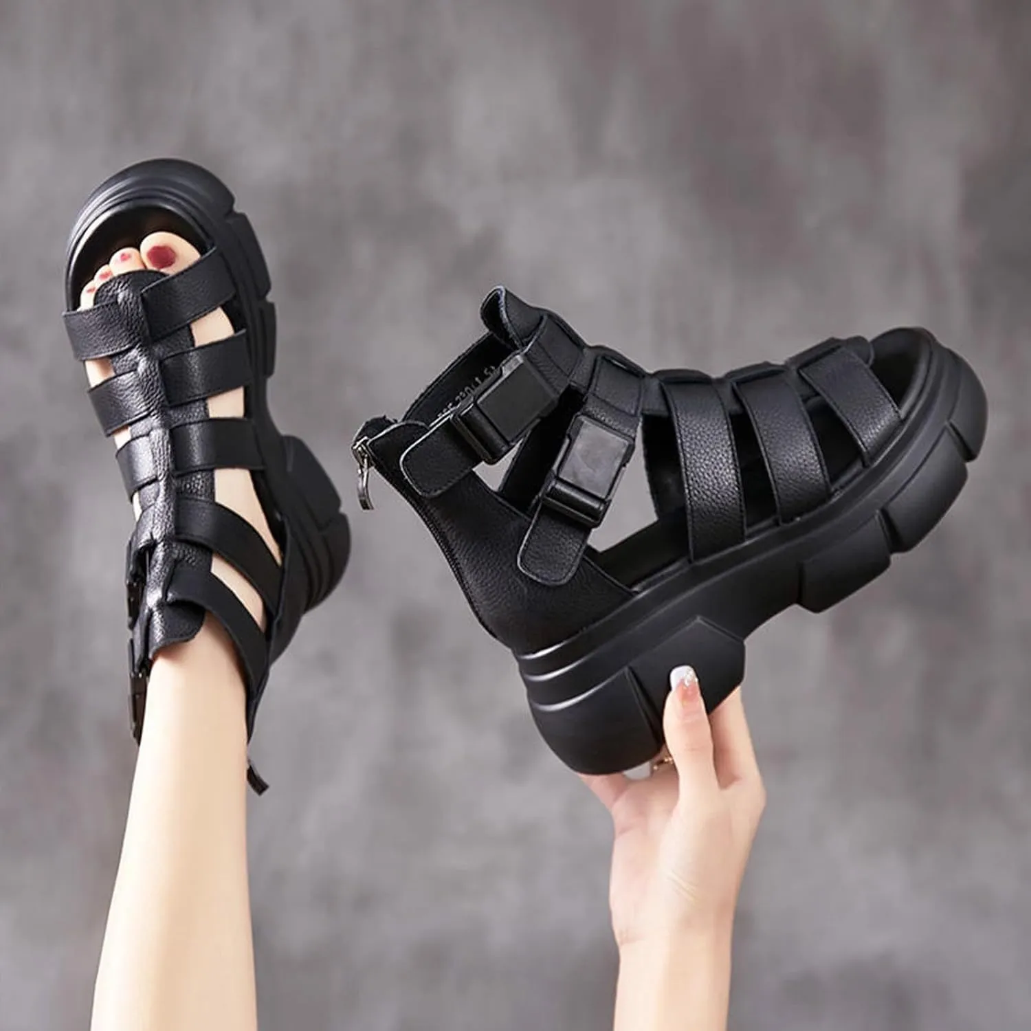Optigard Women's Leather Platform Gladiator Sandals with Back Zipper, Open Toe Non-Slip High-Top Fisherman Sandals Comfortable Chunky Dress Party Roman Shoes