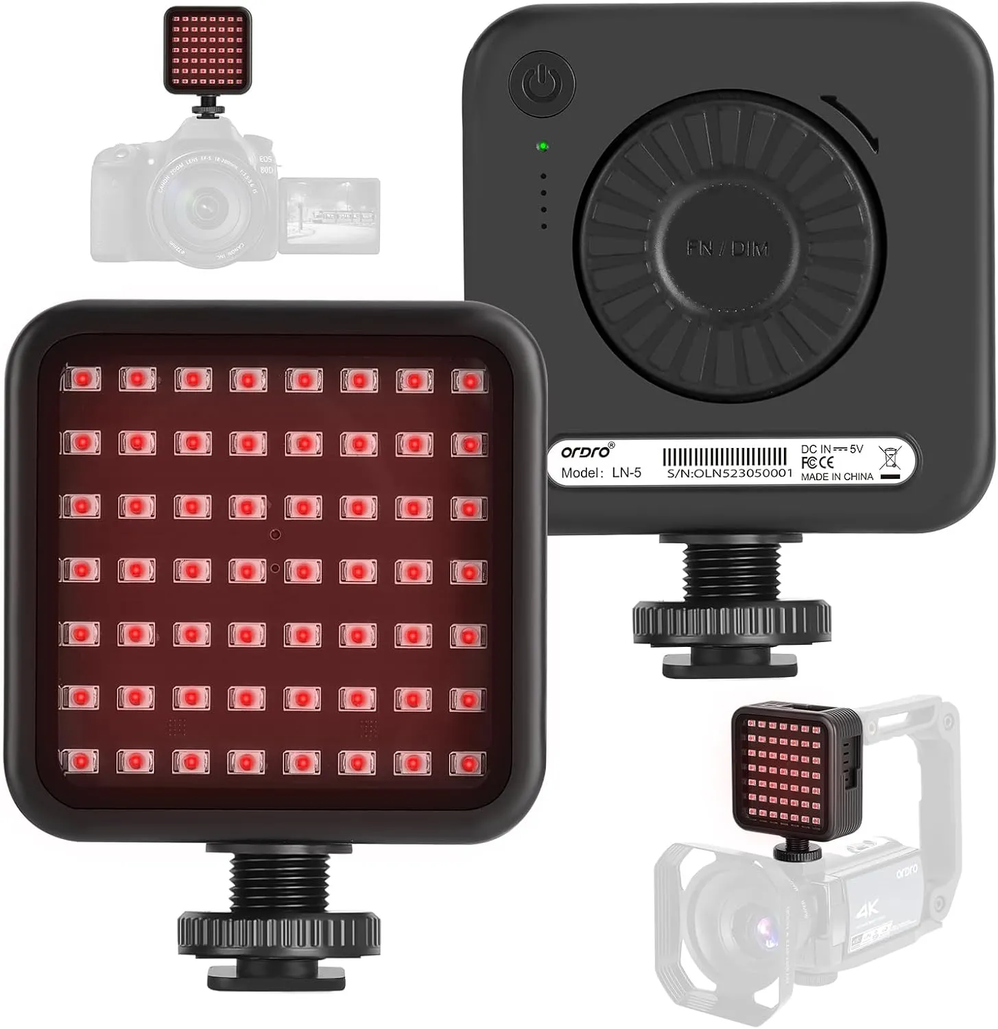 Ordro LN-5 Mini IR Night Vision Light Infrared Photography Light for Video Camera Camcorder Built-in Rechargeable Battery with 3 Cold Shoe Mount for Vlog YouTube Video Recording