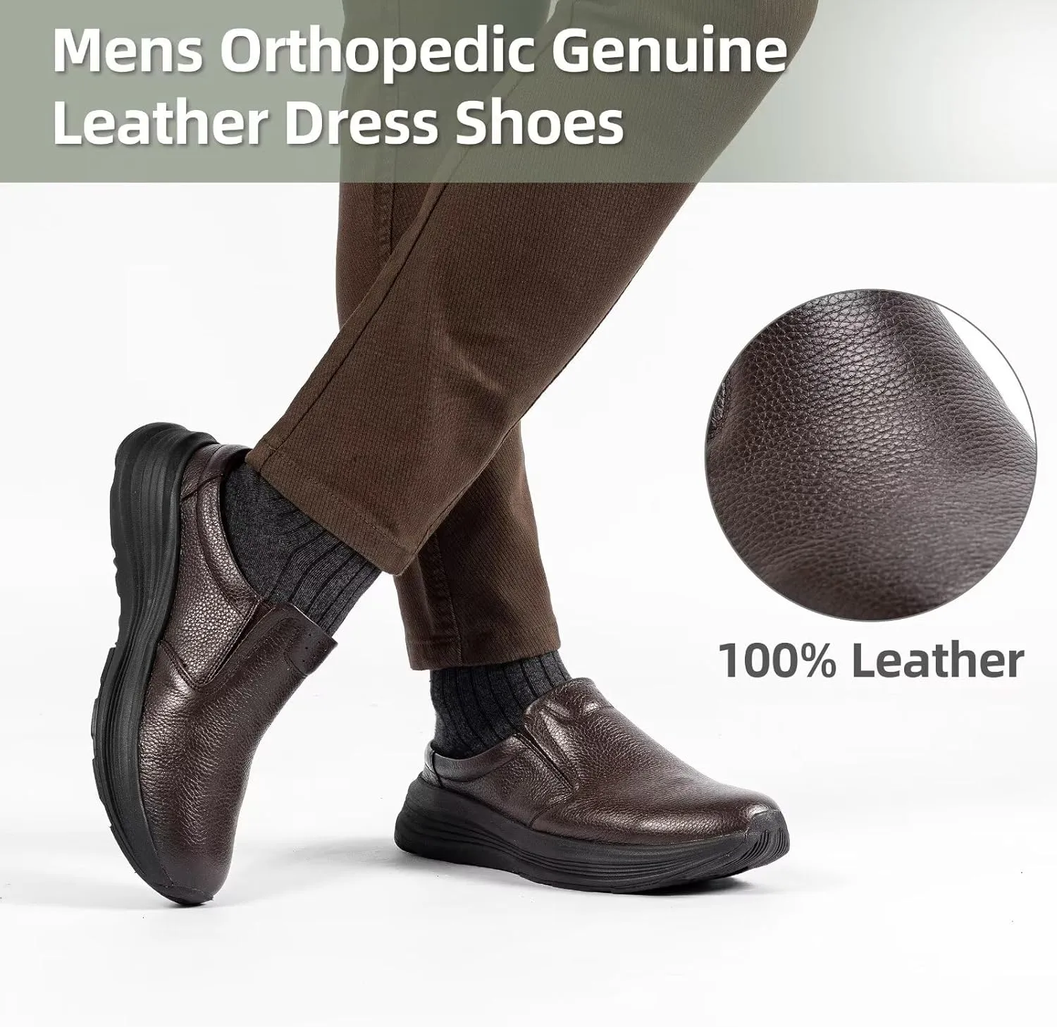 OrthoComfoot Men's Orthopedic Leather Dress Walking Shoes: Comfortable Arch Support Slip-Ons Loafers for Plantar Fasciitis, Casual Business Orthotic Slippers for Foot and Heel Pain Relief