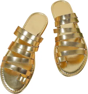 OYOANGLE Women's Metallic PU Leather Toe Post Flat Sandals Open Toe Ankle Strap Sandal Comfortable Walking Slides