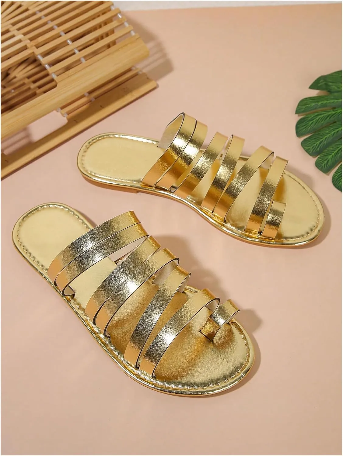 OYOANGLE Women's Metallic PU Leather Toe Post Flat Sandals Open Toe Ankle Strap Sandal Comfortable Walking Slides