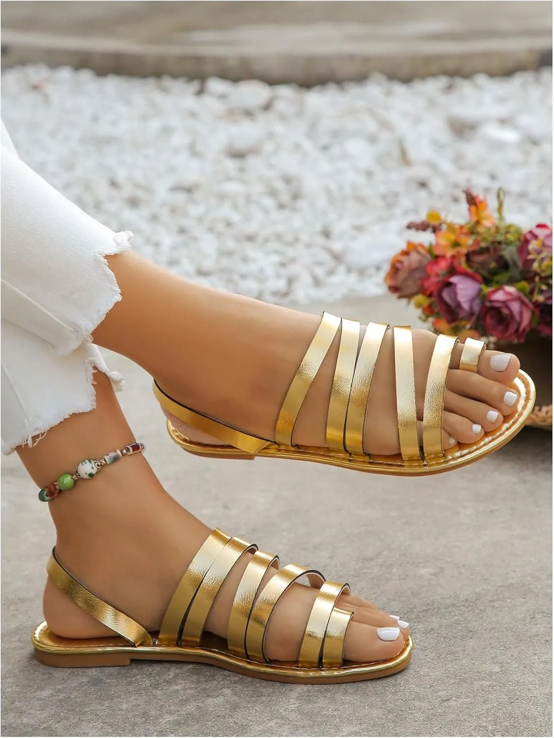 OYOANGLE Women's Metallic PU Leather Toe Post Flat Sandals Open Toe Ankle Strap Sandal Comfortable Walking Slides