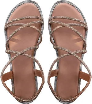 OYOANGLE Women's Strappy Sandals Rhinestone Sparkly Criss Cross Comfortable Elastic Ankle Strap Sandal