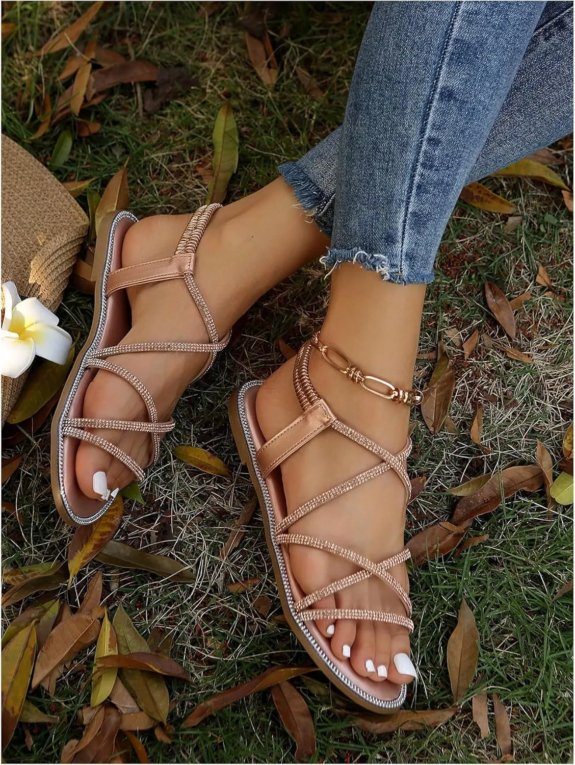 OYOANGLE Women's Strappy Sandals Rhinestone Sparkly Criss Cross Comfortable Elastic Ankle Strap Sandal