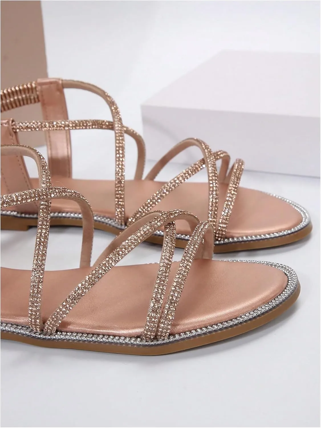 OYOANGLE Women's Strappy Sandals Rhinestone Sparkly Criss Cross Comfortable Elastic Ankle Strap Sandal