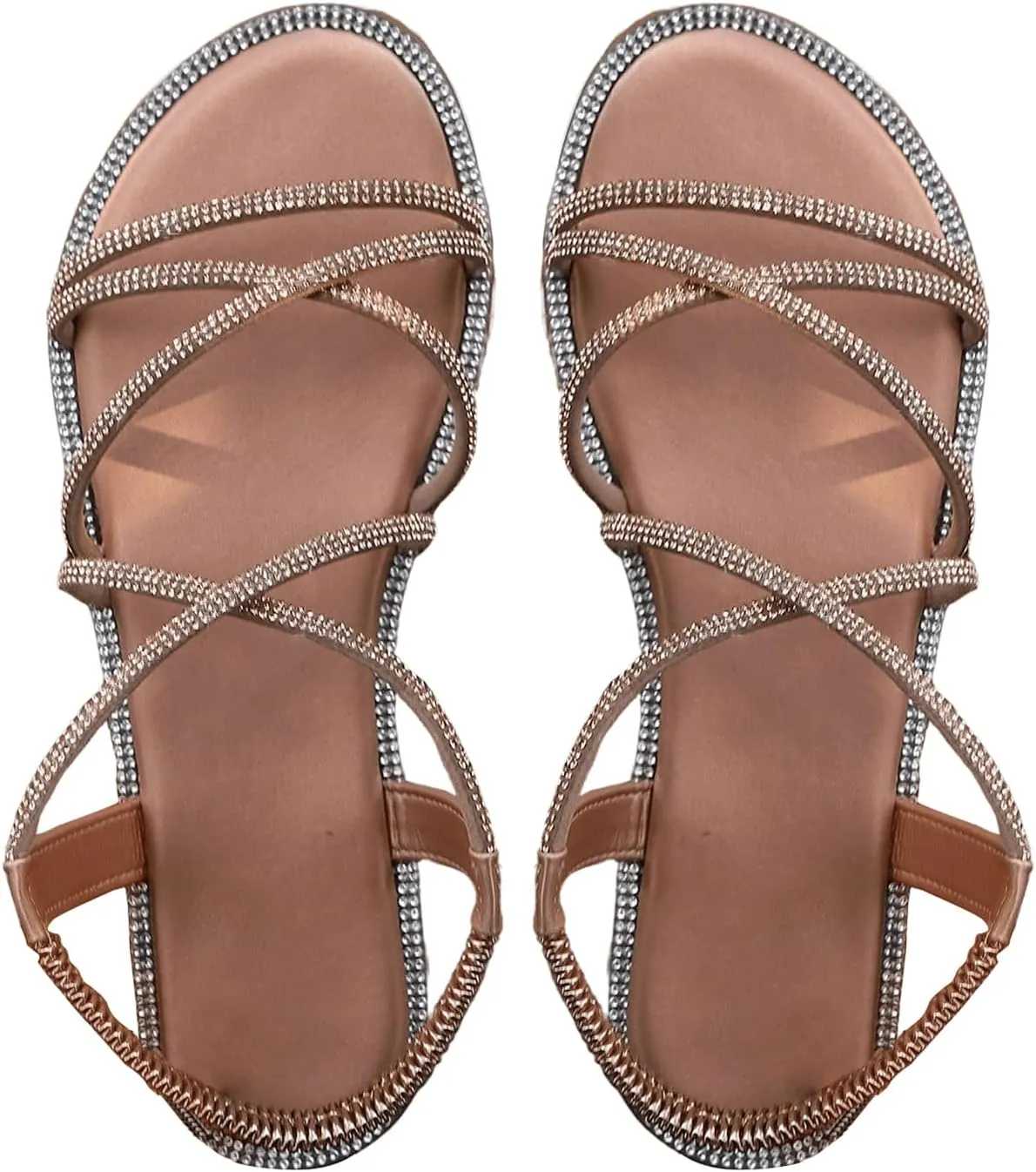 OYOANGLE Women's Strappy Sandals Rhinestone Sparkly Criss Cross Comfortable Elastic Ankle Strap Sandal