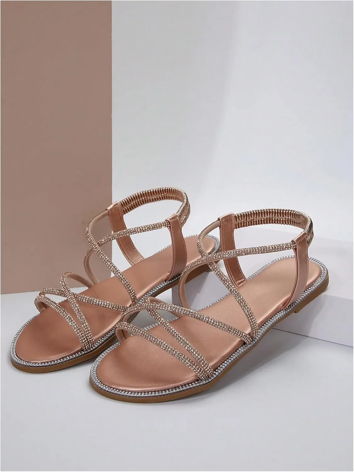 OYOANGLE Women's Strappy Sandals Rhinestone Sparkly Criss Cross Comfortable Elastic Ankle Strap Sandal