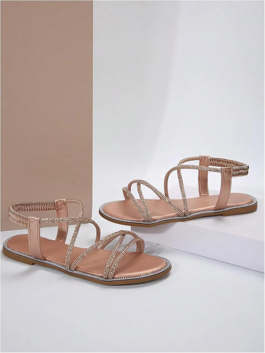 OYOANGLE Women's Strappy Sandals Rhinestone Sparkly Criss Cross Comfortable Elastic Ankle Strap Sandal