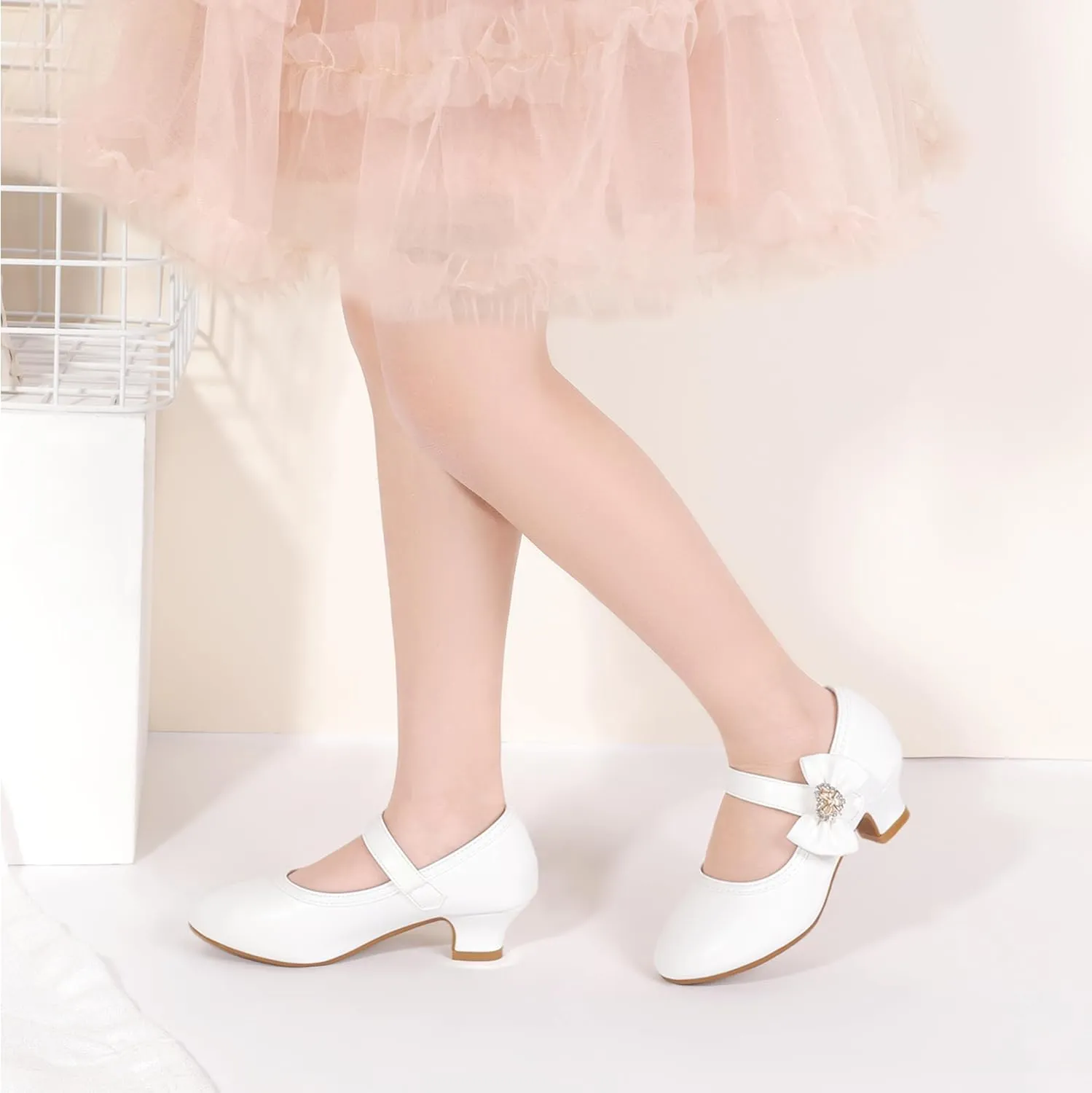 PANDANINJIA Christy Girls Heels Dress Shoes Mary Jane Rhinestone Bows Pumps Low Heel Princess Flower Wedding Party for Toddler Little Kid