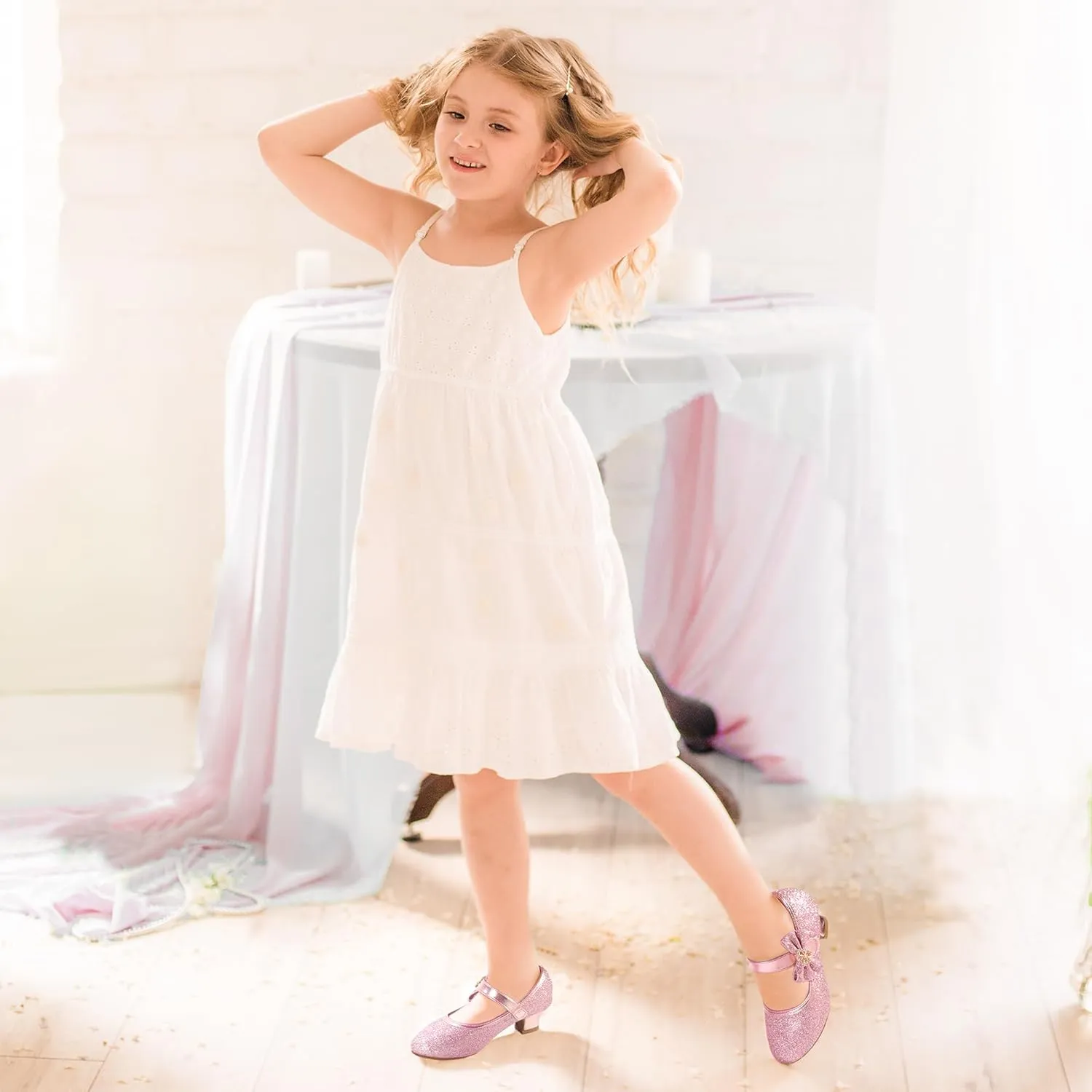 PANDANINJIA Christy Girls Heels Dress Shoes Mary Jane Rhinestone Bows Pumps Low Heel Princess Flower Wedding Party for Toddler Little Kid
