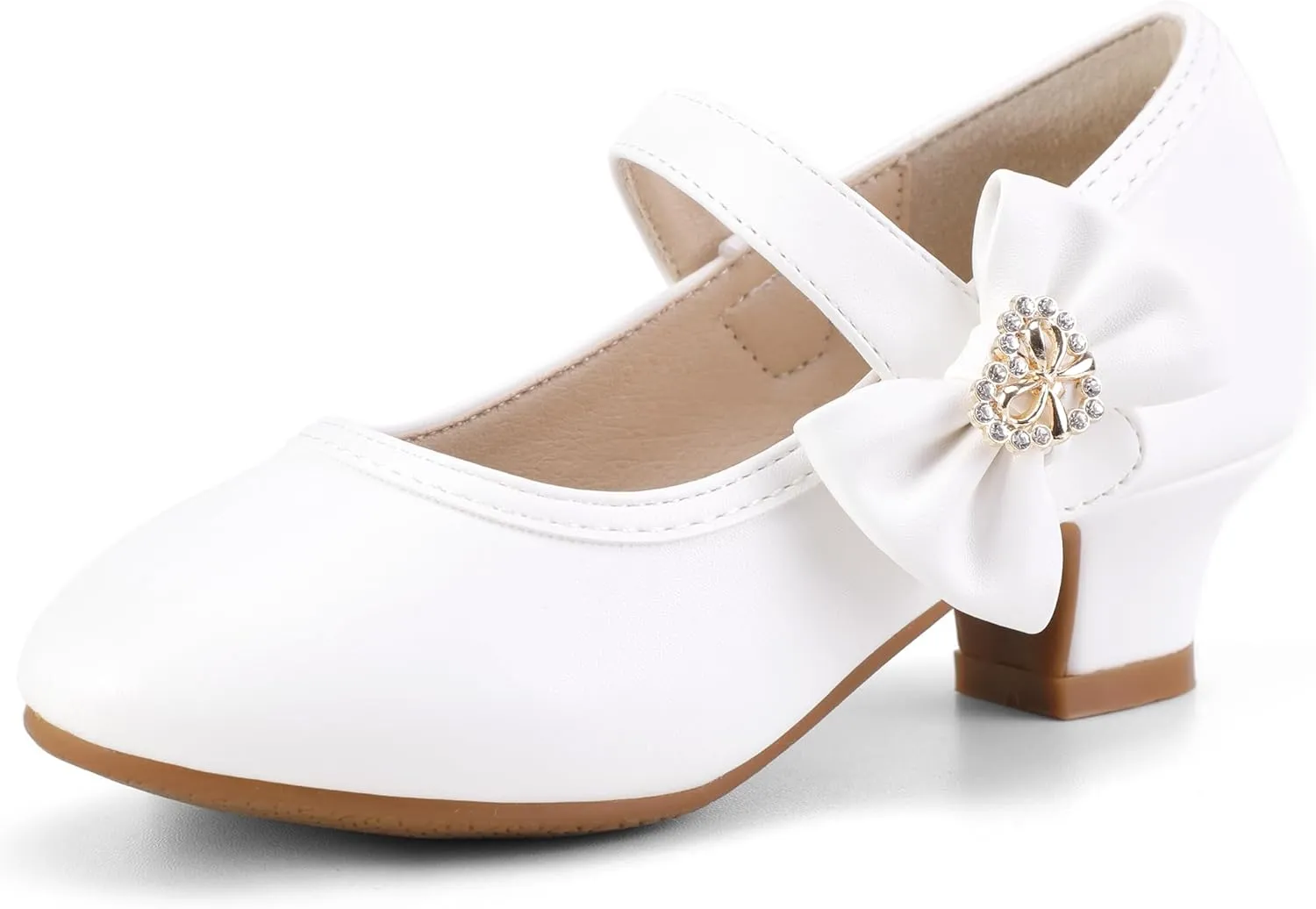 PANDANINJIA Christy Girls Heels Dress Shoes Mary Jane Rhinestone Bows Pumps Low Heel Princess Flower Wedding Party for Toddler Little Kid