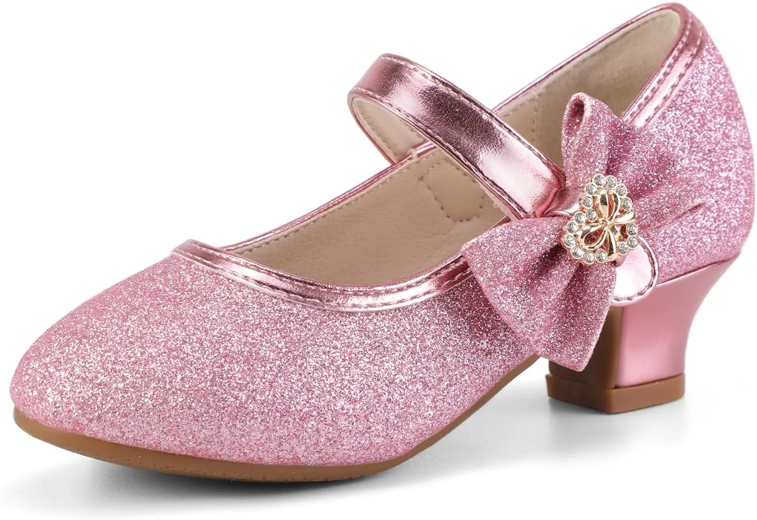 PANDANINJIA Christy Girls Heels Dress Shoes Mary Jane Rhinestone Bows Pumps Low Heel Princess Flower Wedding Party for Toddler Little Kid