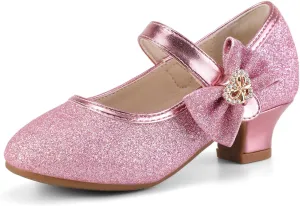 PANDANINJIA Christy Girls Heels Dress Shoes Mary Jane Rhinestone Bows Pumps Low Heel Princess Flower Wedding Party for Toddler Little Kid