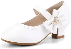 PANDANINJIA Christy Girls Heels Dress Shoes Mary Jane Rhinestone Bows Pumps Low Heel Princess Flower Wedding Party for Toddler Little Kid