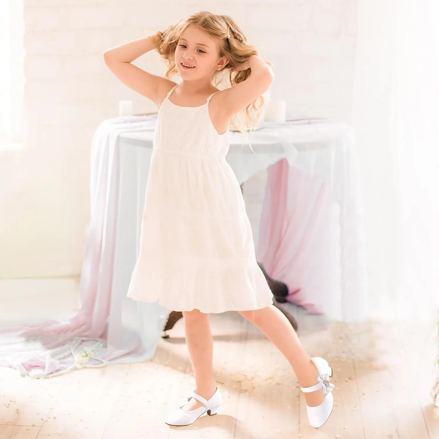 PANDANINJIA Christy Girls Heels Dress Shoes Mary Jane Rhinestone Bows Pumps Low Heel Princess Flower Wedding Party for Toddler Little Kid