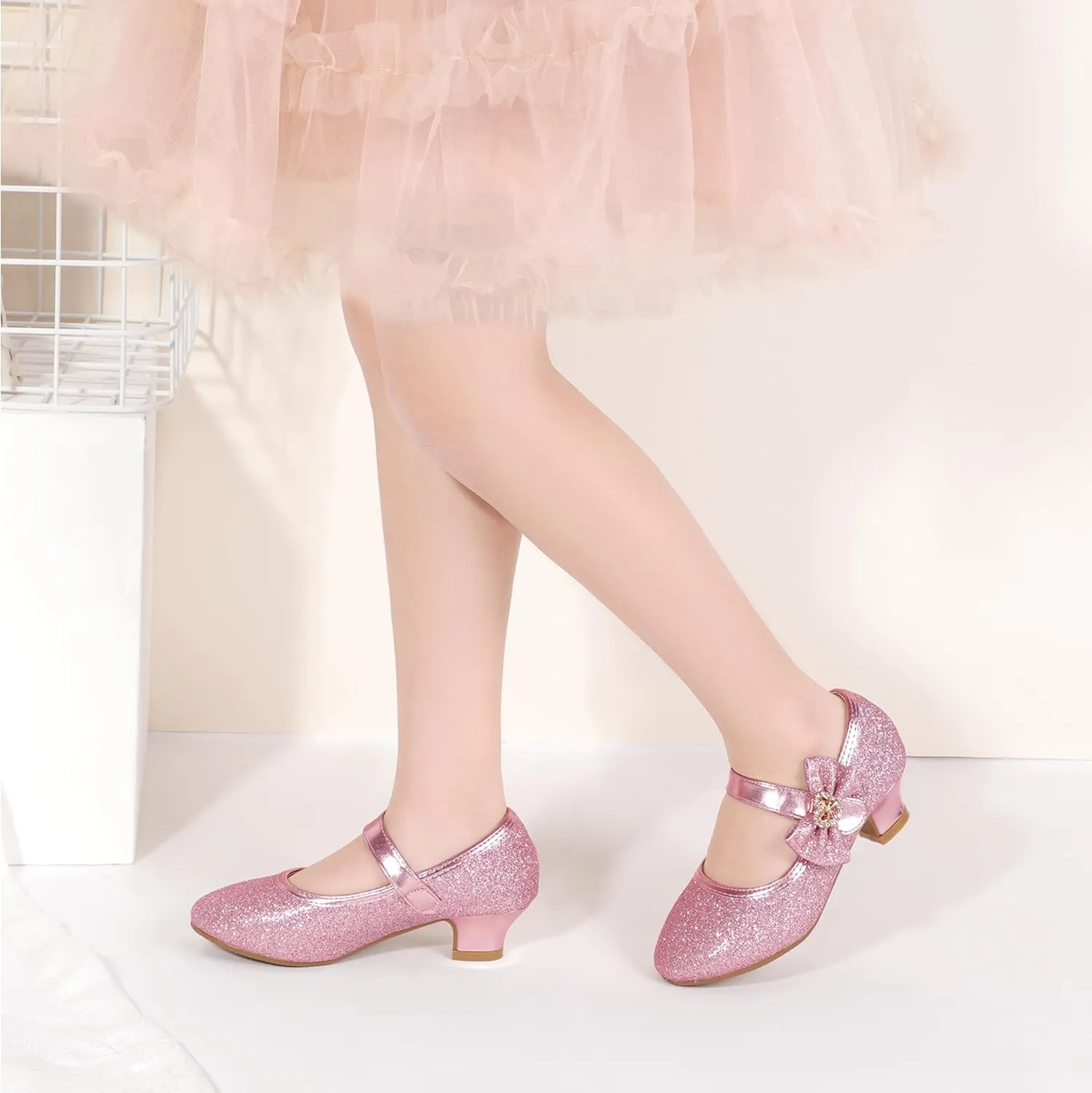 PANDANINJIA Christy Girls Heels Dress Shoes Mary Jane Rhinestone Bows Pumps Low Heel Princess Flower Wedding Party for Toddler Little Kid