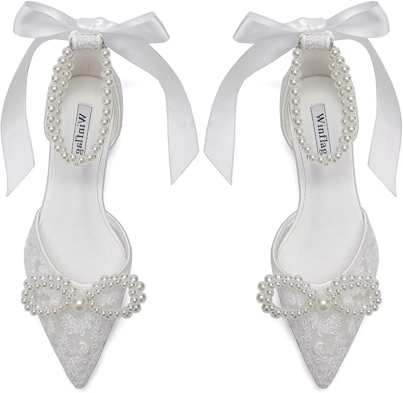 Pearl Wedding Shoes for Bride Flat Lace Bride Shoes Pointed Toe Bridal Flats