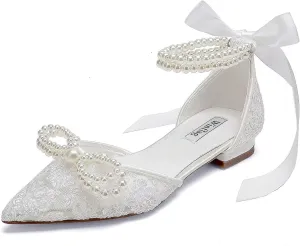 Pearl Wedding Shoes for Bride Flat Lace Bride Shoes Pointed Toe Bridal Flats