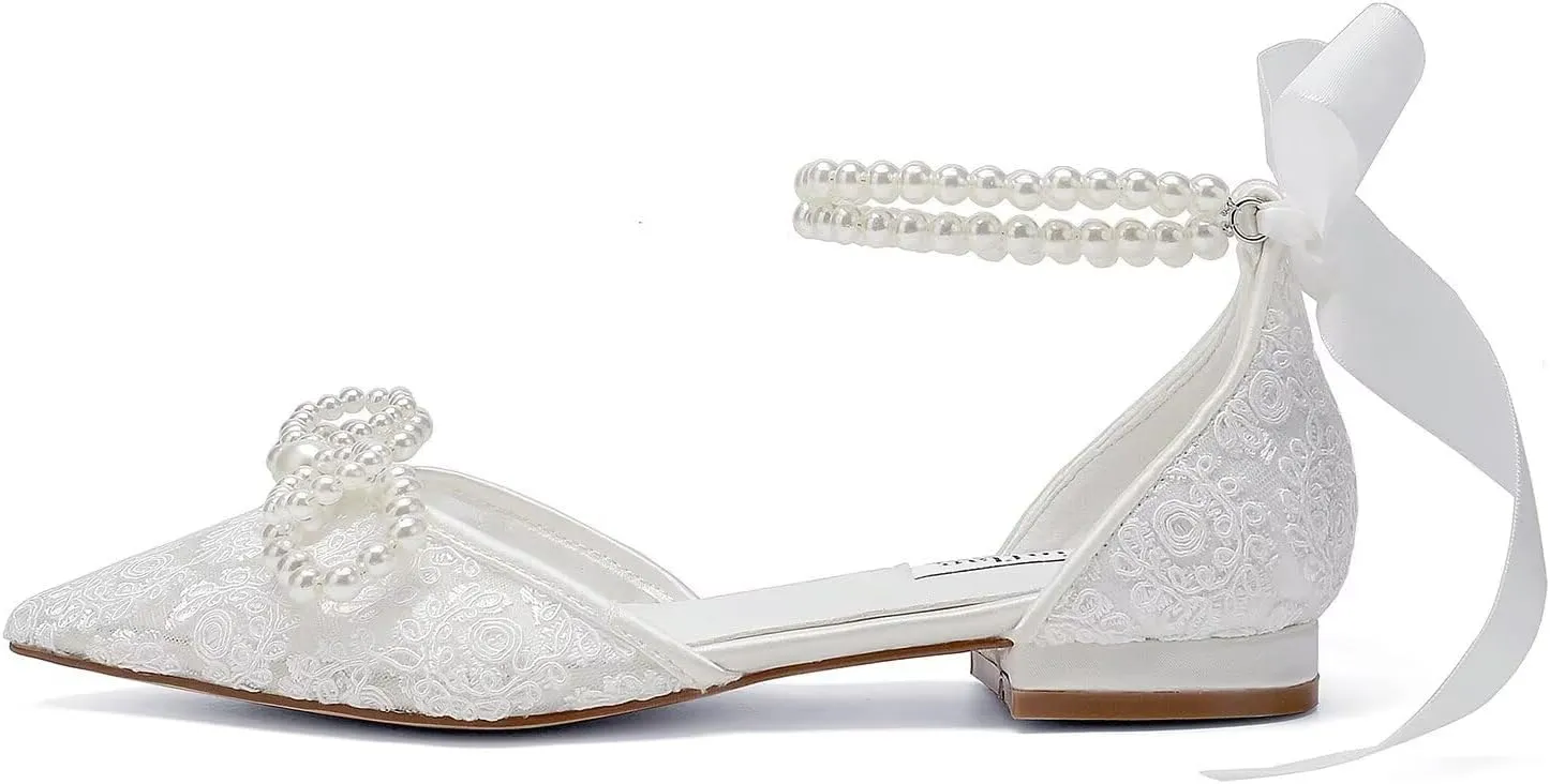 Pearl Wedding Shoes for Bride Flat Lace Bride Shoes Pointed Toe Bridal Flats