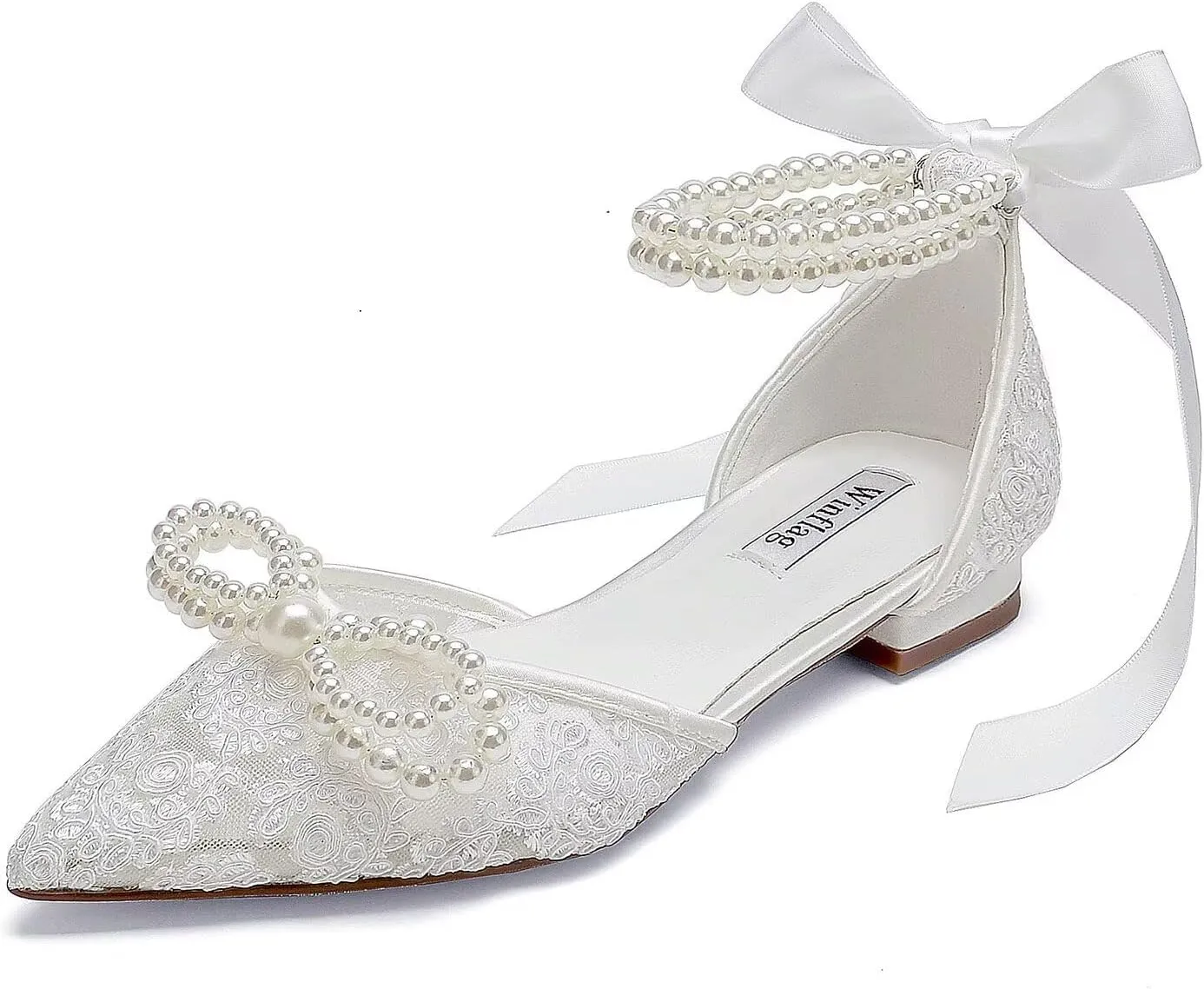 Pearl Wedding Shoes for Bride Flat Lace Bride Shoes Pointed Toe Bridal Flats