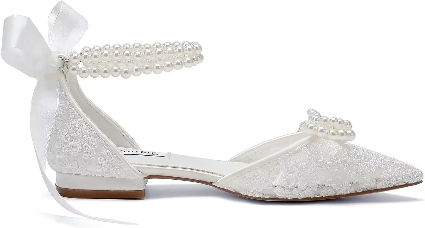 Pearl Wedding Shoes for Bride Flat Lace Bride Shoes Pointed Toe Bridal Flats