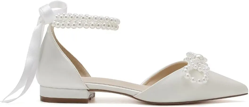 Pearl Wedding Shoes for Bride Flats Pointed Toe Flat Bridal Shoes Women Evening Dress Shoes