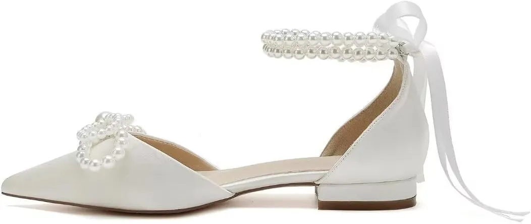 Pearl Wedding Shoes for Bride Flats Pointed Toe Flat Bridal Shoes Women Evening Dress Shoes