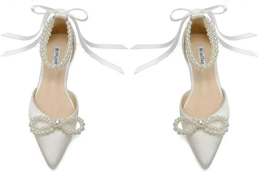 Pearl Wedding Shoes for Bride Flats Pointed Toe Flat Bridal Shoes Women Evening Dress Shoes