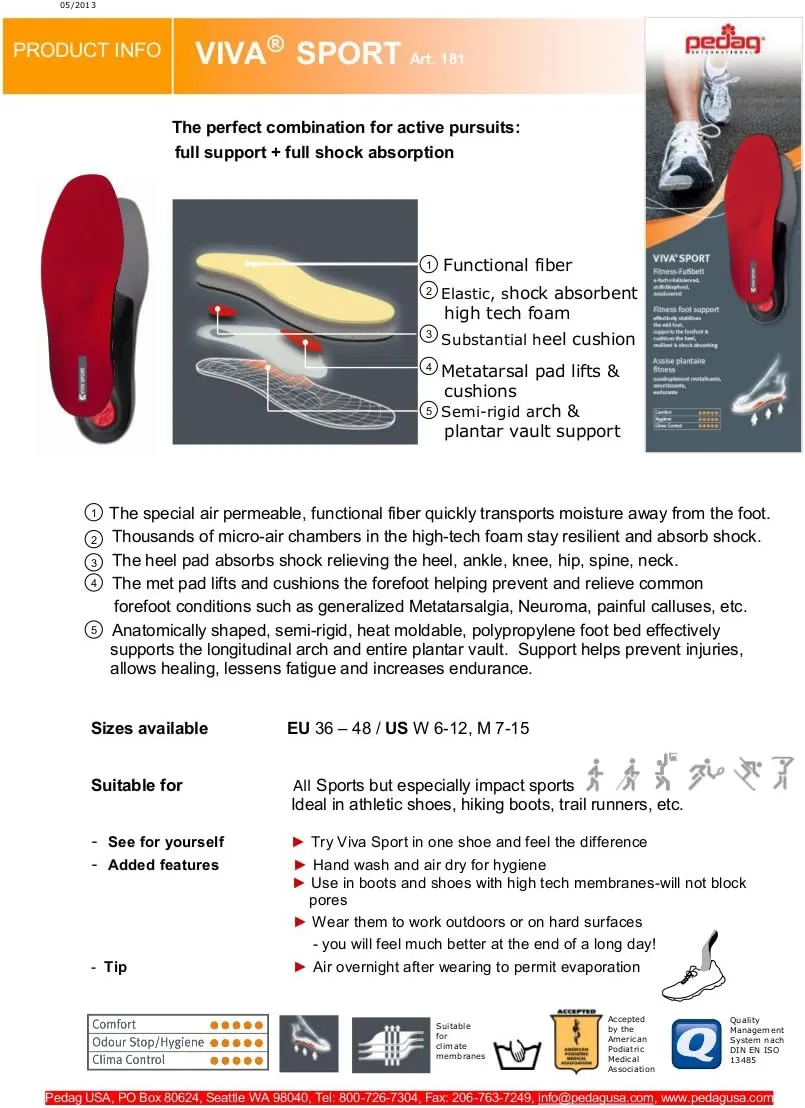Pedag Viva Sport | Orthotic Inserts | Arch Support | Metatarsal Pad | Ideal for Low & High Impact Activities | Soft & Vegan Friendly | Handmade in Germany | 1 Pair | Women US 11/ Men 8/ EU 41