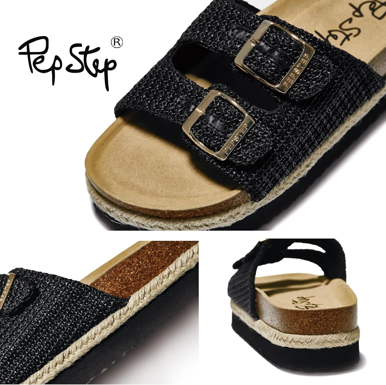 PepStep Slide Sandals for Women with Soft Cork Footbed and Strap, Ladies Fashion Platform Slide Sandals Comfortable Slip On Style