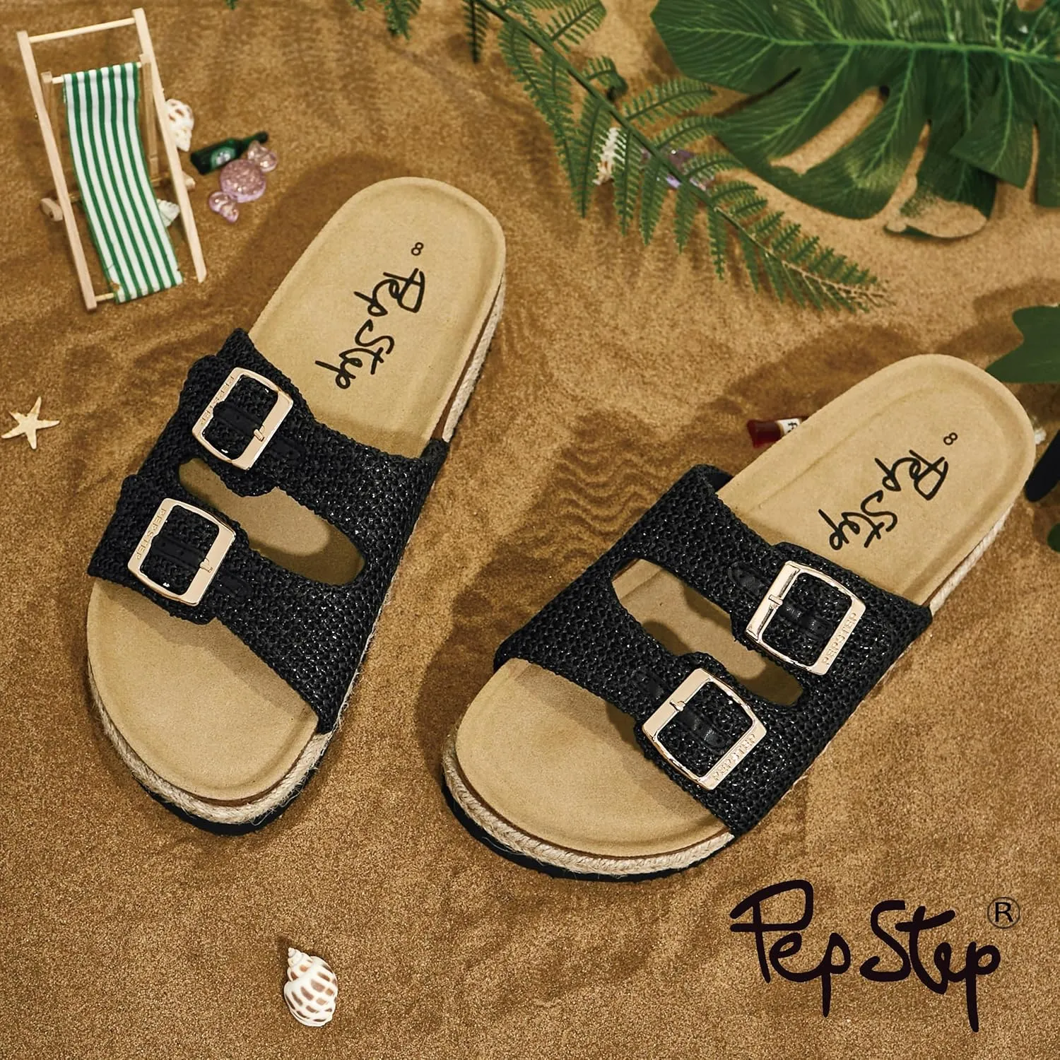 PepStep Slide Sandals for Women with Soft Cork Footbed and Strap, Ladies Fashion Platform Slide Sandals Comfortable Slip On Style