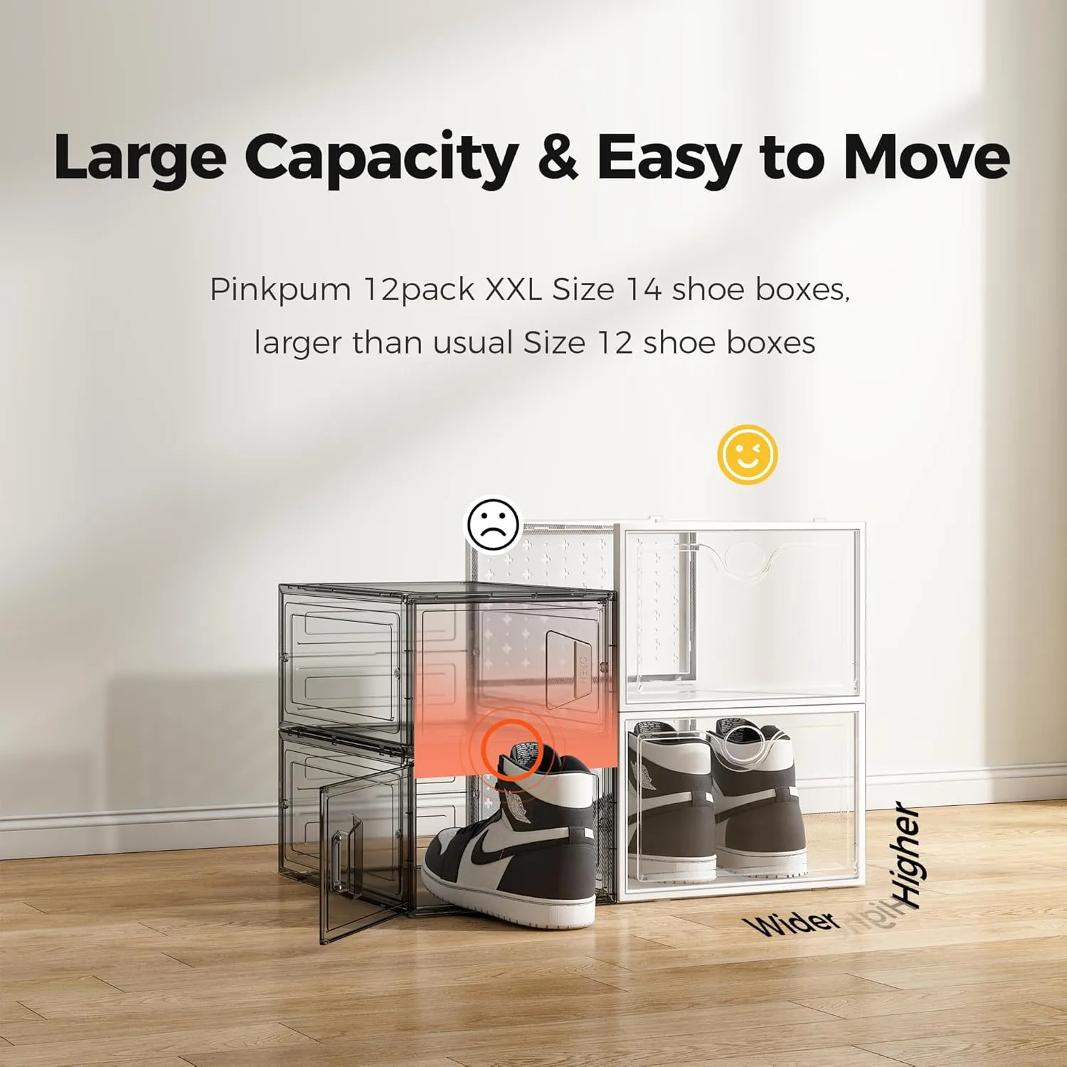 Pinkpum XXL Larger Shoe Storage Boxes Fit Size 14, Clear Plastic Stackable Shoe Organizer 12 Pack Sneaker Storage for Sneakerheads Shoe Containers