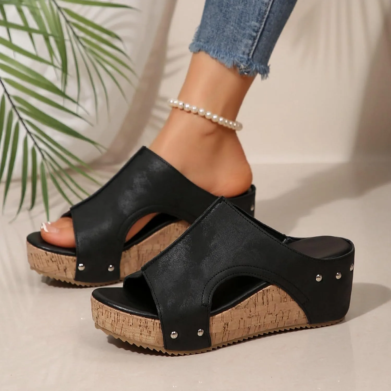 Platform Wedge Sandals for Women 2025 Open Toe Slip On Slides Cork Heeled Cutout Comfortable Summer Vacation Shoes