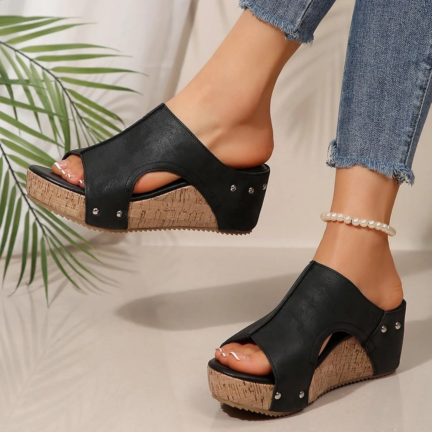 Platform Wedge Sandals for Women 2025 Open Toe Slip On Slides Cork Heeled Cutout Comfortable Summer Vacation Shoes
