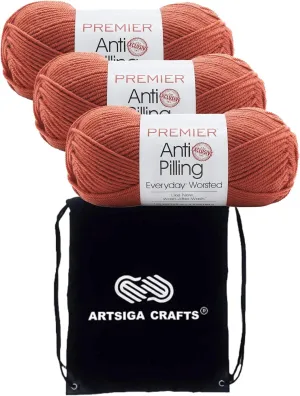 Premier Yarns Everyday Anti-Pilling Solid Clay DN100-74 (3-Skeins - Same Dye Lot) #4 Worsted Weight Acrylic Yarn for Crocheting and Knitting with Project Bag