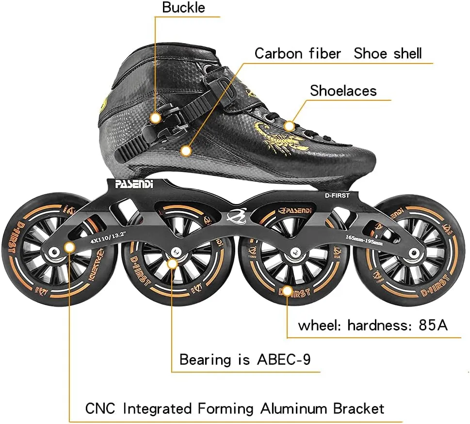 Professional Carbon Fiber Speed Skates Adult Men's and Women's Skates 4-Wheels Single-Row Speed Inline Skates Shoes Black Inline Skate Shoes