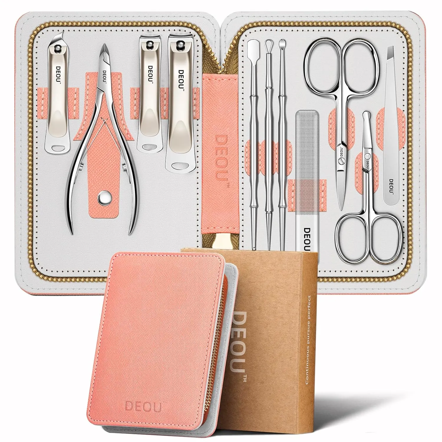 Professional Nail Set 11 in 1 stainless steel home care nail clippers, men's luxury travel leather storage box, women's beauty kit (Pink)