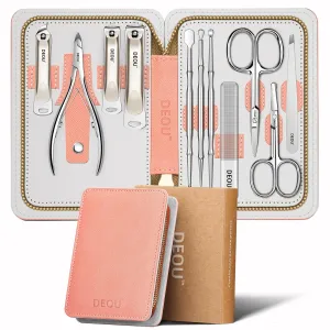 Professional Nail Set 11 in 1 stainless steel home care nail clippers, men's luxury travel leather storage box, women's beauty kit (Pink)