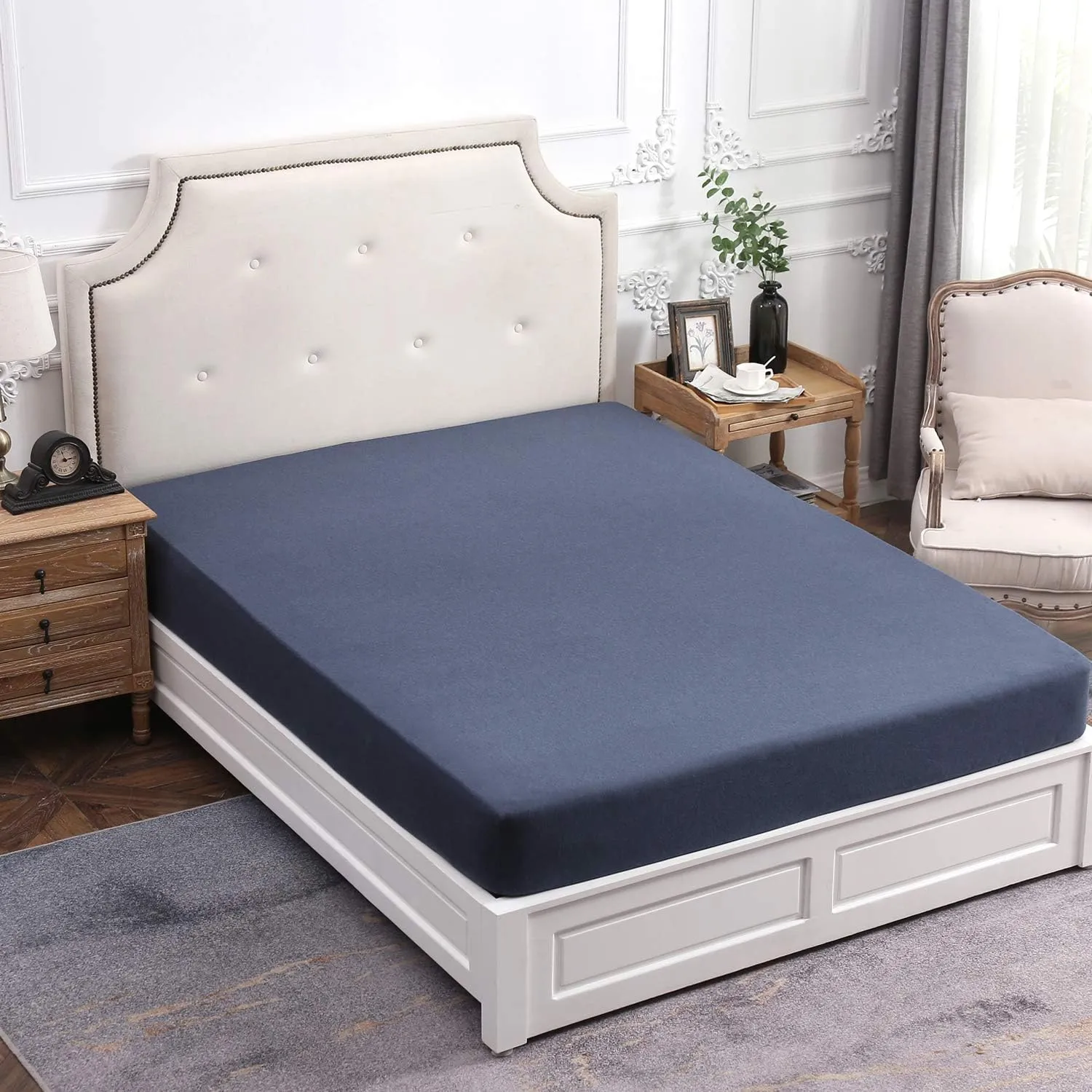PURE ERA Jersey Knit Cotton Fitted Bottom Sheet ONLY (No Flat Sheet or Shams) Deep Pocket Up to 15" to 20" Ultra Soft Comfy Breathable Heathered Navy Blue Queen