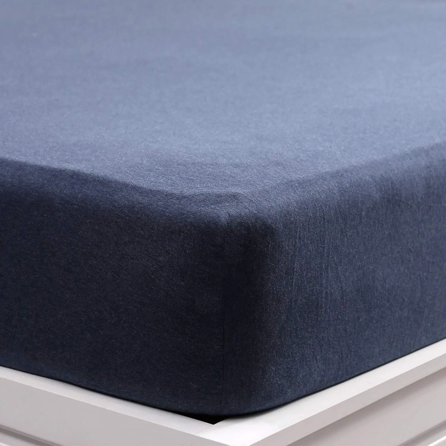 PURE ERA Jersey Knit Cotton Fitted Bottom Sheet ONLY (No Flat Sheet or Shams) Deep Pocket Up to 15" to 20" Ultra Soft Comfy Breathable Heathered Navy Blue Queen